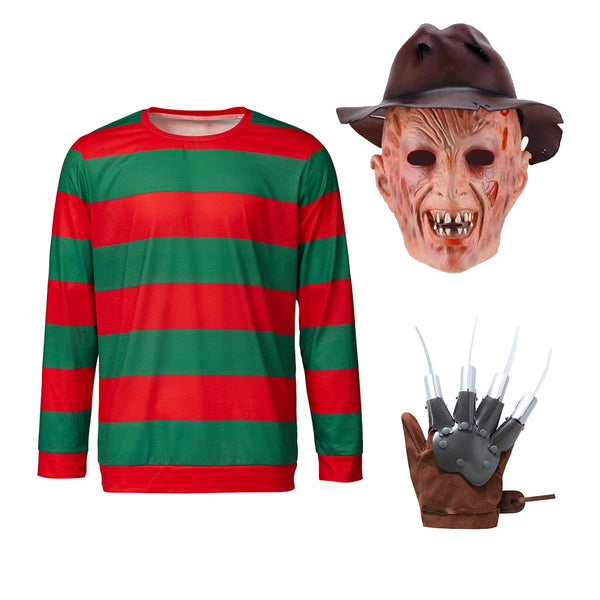 Halloween terrifying Nightmare Men Freddy Krueger Cosplay Costume With Glove Hat Mask Full Set HORR-019