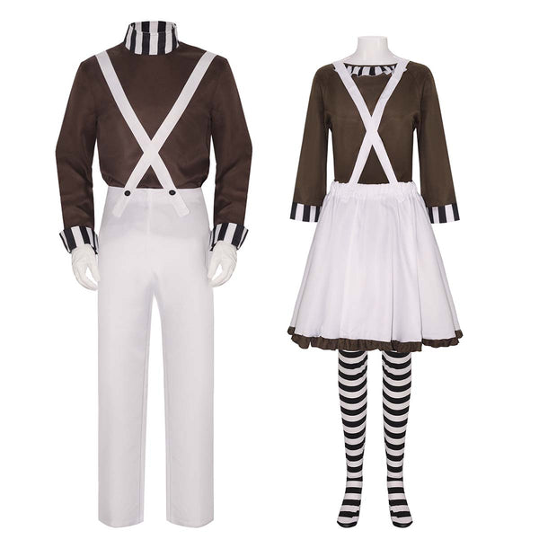 men women Halloween Chocolate Factory Worker Oompa Loompa Costume Shirt Jumpsuit Outfit with Gloves RMOV-002