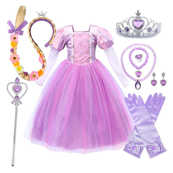 Full Set Disney Princess Rapunzel Purple Princess Costume for Halloween Birthday Party Cosplay DISP-004