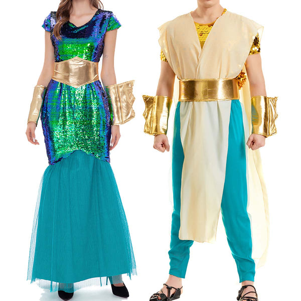 Halloween Purim Women Sea Siren Mermaid Queen Costume Men's King Poseidon Cosplay  TRAD-011-9Costumes