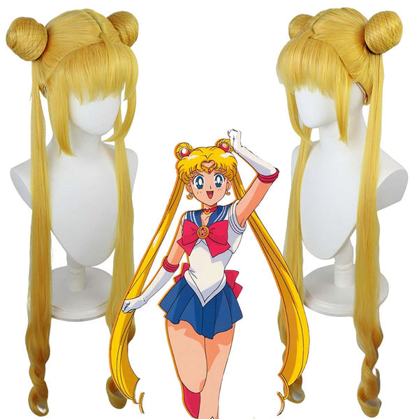 Women Girls Cosplay Sailor Moon Tsukino Usagi Long Curly Blonde Ponytails Wig FCGD-016