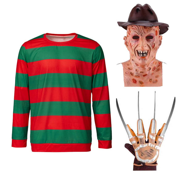 Men Halloween Nightmare on Elm Street Freddy Costume with Brown Hat Mask and Gloves Full Set HORR-019