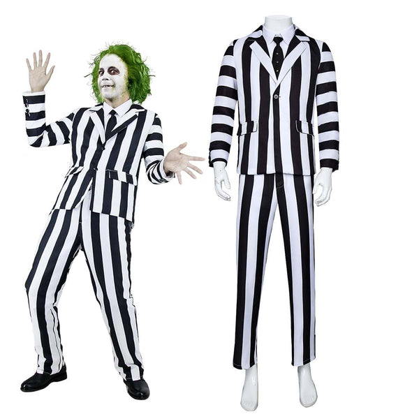 Adult Horror Comedy Movie Character Cosplay Black and White Striped Men's Beetle juice  Costumes HORR-018