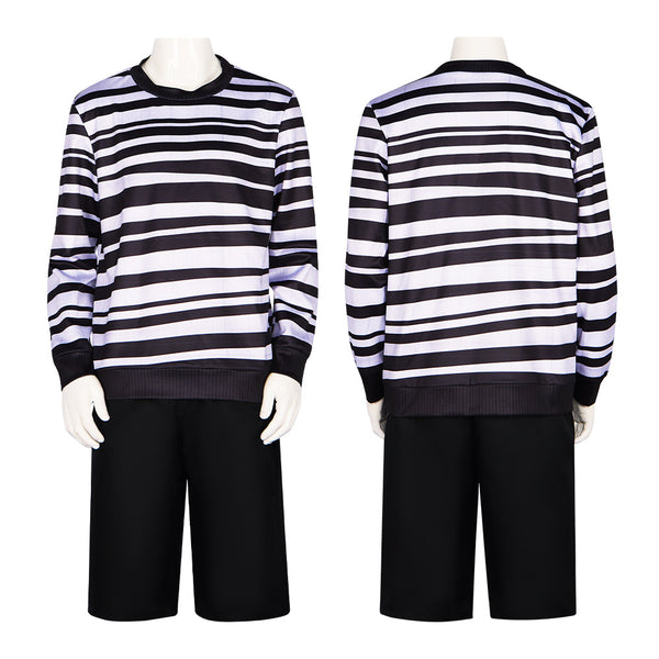 Halloween Novelty Cosplay Adult Kid Black and White Striped Pugsley Addams Costume for Boys Men HORR-005