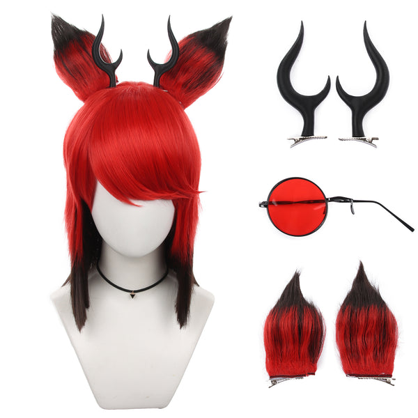 Heat Resistant Synthetic Red Black Alastor Cosplay Wig with Ears Horns Glasses AOKG-010