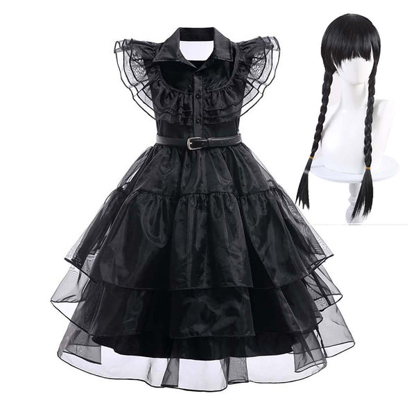 Halloween Kids Wednesday Addams Black Gothic Dress Costume HORR-005