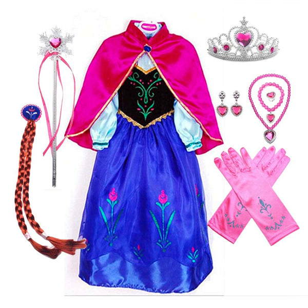 Halloween Snow Party Cosplay Snow Queen Anna Princess Costume with Cape for Girls DISP-013