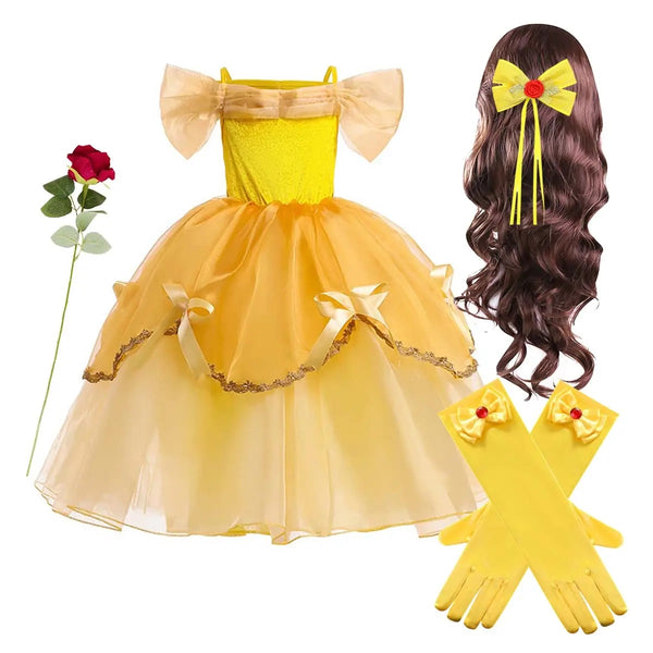 Halloween Cosplay Off Shoulder Layered Yellow Princess Belle Dress Up Clothes with Accessories DISP-007