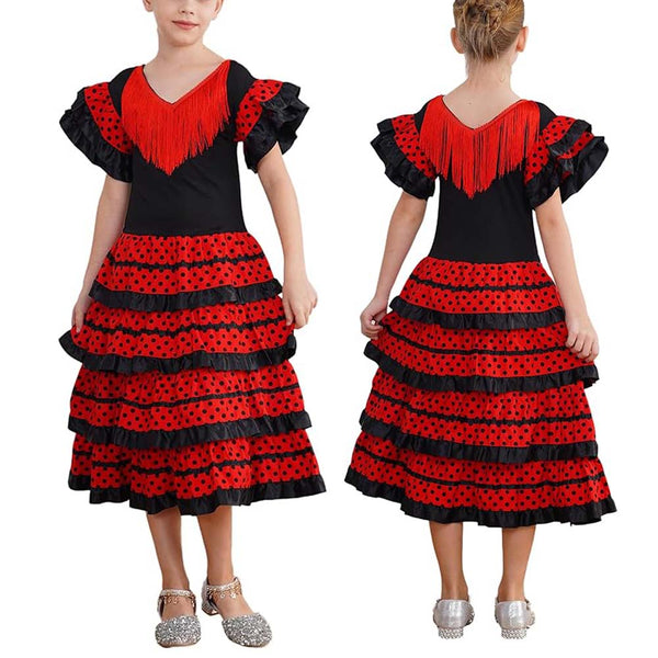 Spanish Flamenco Dress Girls Ruffled Sleeve Dots Tiered Lyrical Latin Dance Dresses TRAD-005